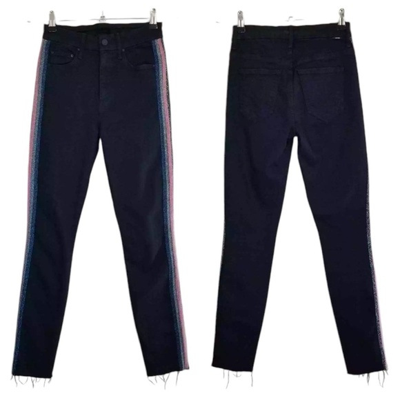 Mother High Waisted Looker Ankle Fray Black Guilty Glitter Racer Stripe Jeans 26 - Picture 7 of 16